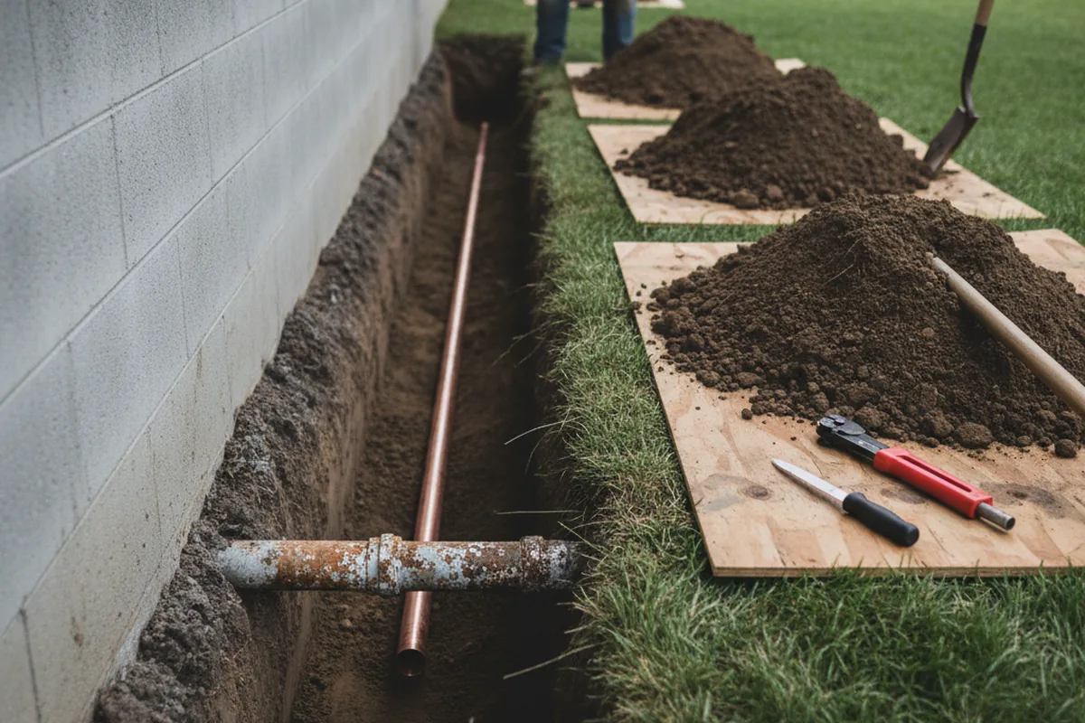 Excavated water line trench during Water Softener Installation in North Aurora